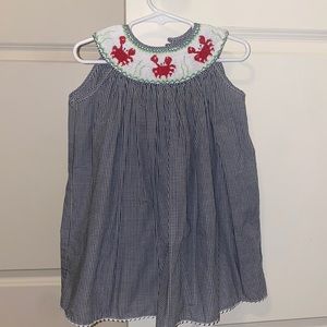 Gingham black and white with red crab smocked dress